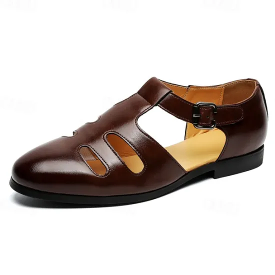 New OUKU Men's Black Faux Leather Fisherman Sandals with Buckle Strap and Cutout Design, Stylish and Comfortable for Casual, Outdoor and Summer Wear