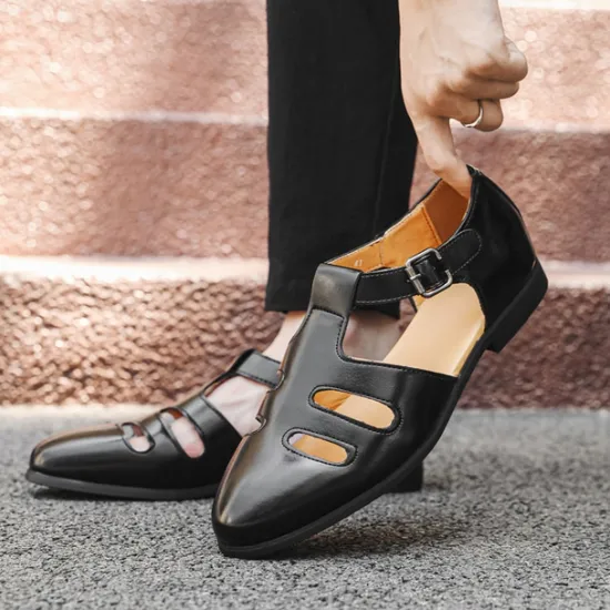 New OUKU Men's Black Faux Leather Fisherman Sandals with Buckle Strap and Cutout Design, Stylish and Comfortable for Casual, Outdoor and Summer Wear