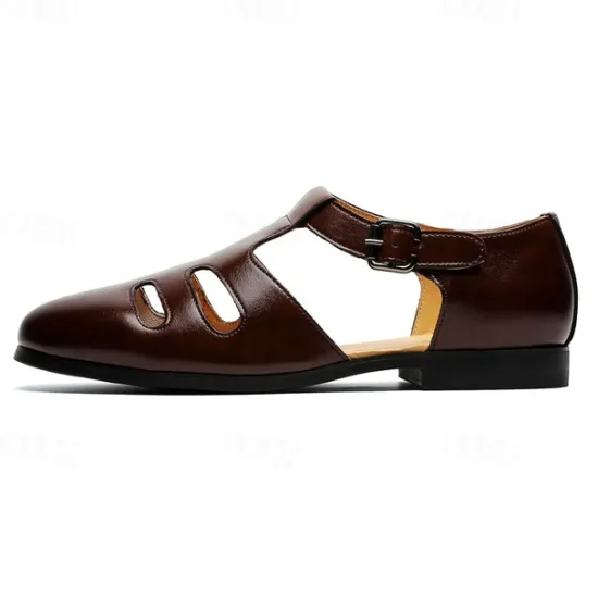 New OUKU Men's Black Faux Leather Fisherman Sandals with Buckle Strap and Cutout Design, Stylish and Comfortable for Casual, Outdoor and Summer Wear