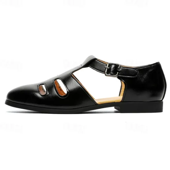 New OUKU Men's Black Faux Leather Fisherman Sandals with Buckle Strap and Cutout Design, Stylish and Comfortable for Casual, Outdoor and Summer Wear