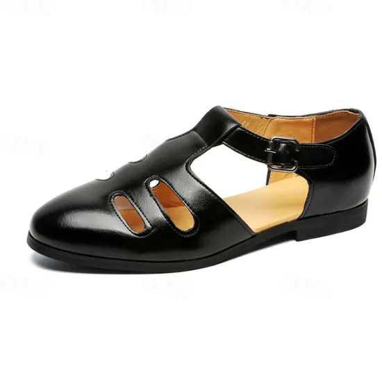 New OUKU Men's Black Faux Leather Fisherman Sandals with Buckle Strap and Cutout Design, Stylish and Comfortable for Casual, Outdoor and Summer Wear