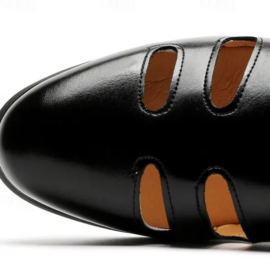 New OUKU Men's Black Faux Leather Fisherman Sandals with Buckle Strap and Cutout Design, Stylish and Comfortable for Casual, Outdoor and Summer Wear