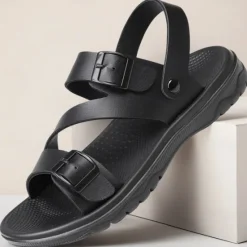 Discount OUKU Men's Black Faux Leather Sandals with Buckle Straps, Comfortable Casual Footwear for Summer and Outdoor Activities