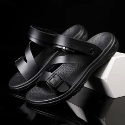 Discount OUKU Men's Black Faux Leather Sandals with Buckle Straps, Comfortable Casual Footwear for Summer and Outdoor Activities
