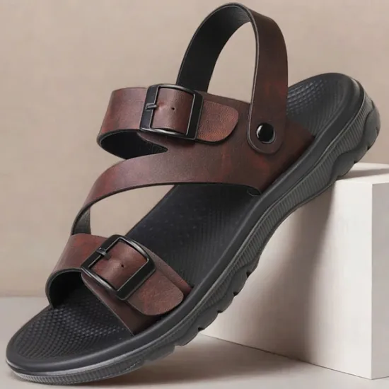 Discount OUKU Men's Black Faux Leather Sandals with Buckle Straps, Comfortable Casual Footwear for Summer and Outdoor Activities