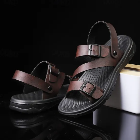 Discount OUKU Men's Black Faux Leather Sandals with Buckle Straps, Comfortable Casual Footwear for Summer and Outdoor Activities
