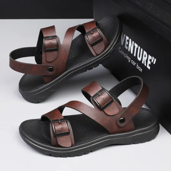 Discount OUKU Men's Black Faux Leather Sandals with Buckle Straps, Comfortable Casual Footwear for Summer and Outdoor Activities
