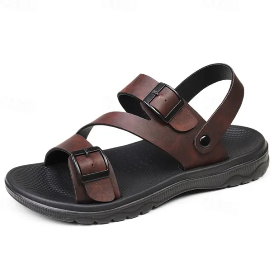 Discount OUKU Men's Black Faux Leather Sandals with Buckle Straps, Comfortable Casual Footwear for Summer and Outdoor Activities