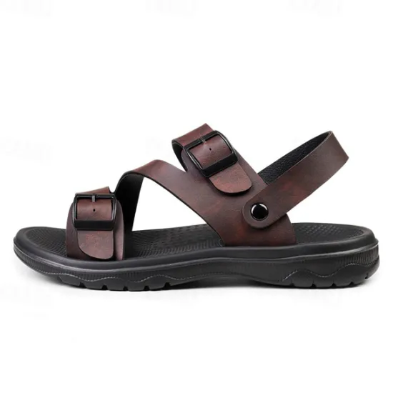 Discount OUKU Men's Black Faux Leather Sandals with Buckle Straps, Comfortable Casual Footwear for Summer and Outdoor Activities