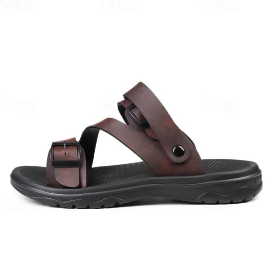Discount OUKU Men's Black Faux Leather Sandals with Buckle Straps, Comfortable Casual Footwear for Summer and Outdoor Activities