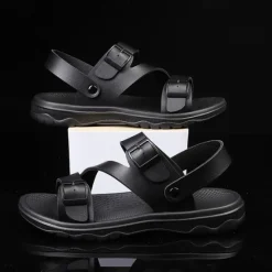 Discount OUKU Men's Black Faux Leather Sandals with Buckle Straps, Comfortable Casual Footwear for Summer and Outdoor Activities