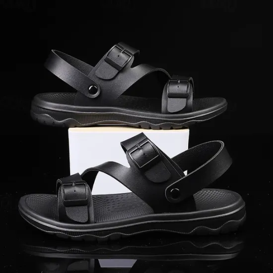 Discount OUKU Men's Black Faux Leather Sandals with Buckle Straps, Comfortable Casual Footwear for Summer and Outdoor Activities