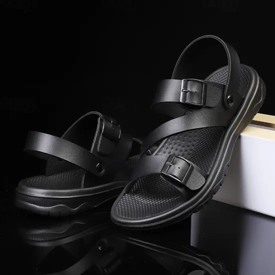 Discount OUKU Men's Black Faux Leather Sandals with Buckle Straps, Comfortable Casual Footwear for Summer and Outdoor Activities