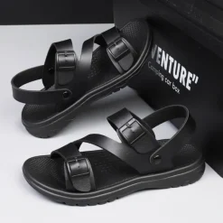 Discount OUKU Men's Black Faux Leather Sandals with Buckle Straps, Comfortable Casual Footwear for Summer and Outdoor Activities