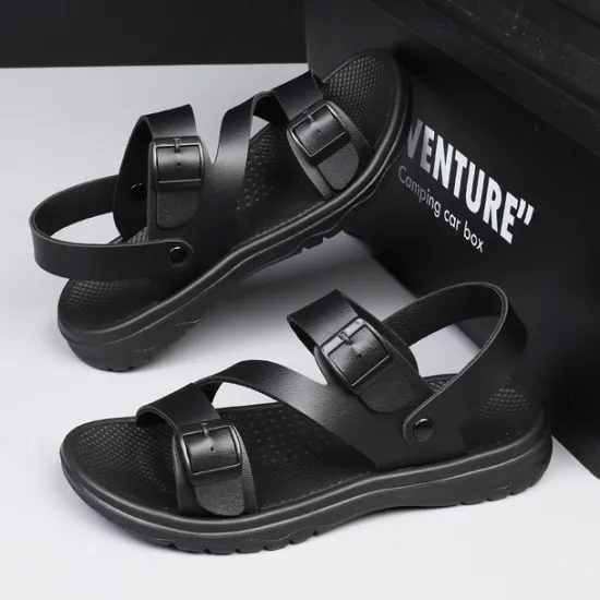 Discount OUKU Men's Black Faux Leather Sandals with Buckle Straps, Comfortable Casual Footwear for Summer and Outdoor Activities