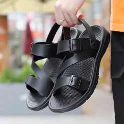 Discount OUKU Men's Black Faux Leather Sandals with Buckle Straps, Comfortable Casual Footwear for Summer and Outdoor Activities
