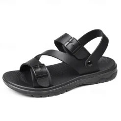 Discount OUKU Men's Black Faux Leather Sandals with Buckle Straps, Comfortable Casual Footwear for Summer and Outdoor Activities