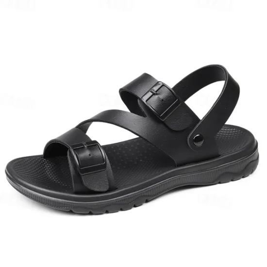 Discount OUKU Men's Black Faux Leather Sandals with Buckle Straps, Comfortable Casual Footwear for Summer and Outdoor Activities
