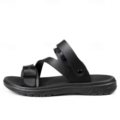Discount OUKU Men's Black Faux Leather Sandals with Buckle Straps, Comfortable Casual Footwear for Summer and Outdoor Activities