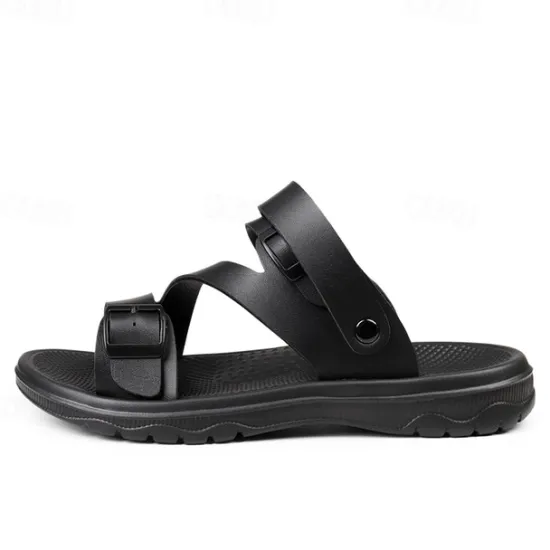 Discount OUKU Men's Black Faux Leather Sandals with Buckle Straps, Comfortable Casual Footwear for Summer and Outdoor Activities