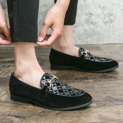 Best OUKU Men's Black Faux Suede Loafers with Geometric Pattern and Metal Buckle – Stylish Slip-On Dress Shoes for Formal Events and Parties