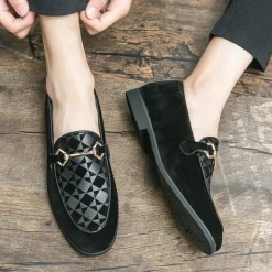 Best OUKU Men's Black Faux Suede Loafers with Geometric Pattern and Metal Buckle – Stylish Slip-On Dress Shoes for Formal Events and Parties
