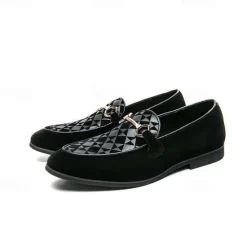 Best OUKU Men's Black Faux Suede Loafers with Geometric Pattern and Metal Buckle – Stylish Slip-On Dress Shoes for Formal Events and Parties