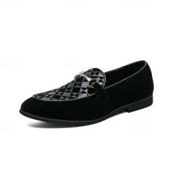 Best OUKU Men's Black Faux Suede Loafers with Geometric Pattern and Metal Buckle – Stylish Slip-On Dress Shoes for Formal Events and Parties