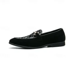 Best OUKU Men's Black Faux Suede Loafers with Geometric Pattern and Metal Buckle – Stylish Slip-On Dress Shoes for Formal Events and Parties