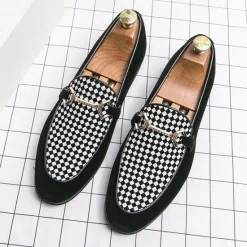 Best OUKU Men's Black Faux Suede Loafers with Geometric Pattern and Metal Buckle – Stylish Slip-On Dress Shoes for Formal Events and Parties