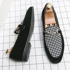 Best OUKU Men's Black Faux Suede Loafers with Geometric Pattern and Metal Buckle – Stylish Slip-On Dress Shoes for Formal Events and Parties