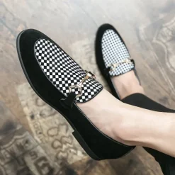 Best OUKU Men's Black Faux Suede Loafers with Geometric Pattern and Metal Buckle – Stylish Slip-On Dress Shoes for Formal Events and Parties