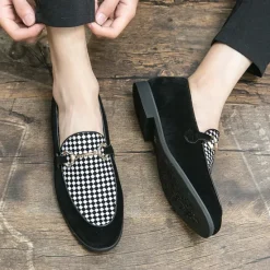 Best OUKU Men's Black Faux Suede Loafers with Geometric Pattern and Metal Buckle – Stylish Slip-On Dress Shoes for Formal Events and Parties
