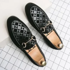 Best OUKU Men's Black Faux Suede Loafers with Geometric Pattern and Metal Buckle – Stylish Slip-On Dress Shoes for Formal Events and Parties