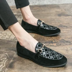 Best OUKU Men's Black Faux Suede Loafers with Geometric Pattern and Metal Buckle – Stylish Slip-On Dress Shoes for Formal Events and Parties
