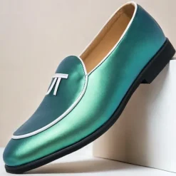 Outlet OUKU Men's Black Patent Faux Leather Loafers with Yellow Trim and Tassel Detail - Stylish Slip-On Shoes for Wedding, Formal Events and Parties