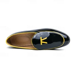 Outlet OUKU Men's Black Patent Faux Leather Loafers with Yellow Trim and Tassel Detail - Stylish Slip-On Shoes for Wedding, Formal Events and Parties