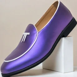 Outlet OUKU Men's Black Patent Faux Leather Loafers with Yellow Trim and Tassel Detail - Stylish Slip-On Shoes for Wedding, Formal Events and Parties