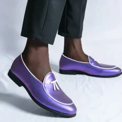 Outlet OUKU Men's Black Patent Faux Leather Loafers with Yellow Trim and Tassel Detail - Stylish Slip-On Shoes for Wedding, Formal Events and Parties