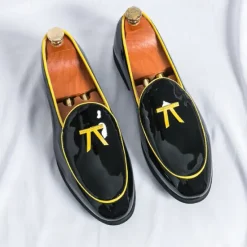 Outlet OUKU Men's Black Patent Faux Leather Loafers with Yellow Trim and Tassel Detail - Stylish Slip-On Shoes for Wedding, Formal Events and Parties
