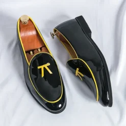 Outlet OUKU Men's Black Patent Faux Leather Loafers with Yellow Trim and Tassel Detail - Stylish Slip-On Shoes for Wedding, Formal Events and Parties