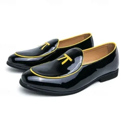 Outlet OUKU Men's Black Patent Faux Leather Loafers with Yellow Trim and Tassel Detail - Stylish Slip-On Shoes for Wedding, Formal Events and Parties