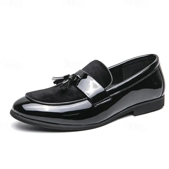 Online OUKU Men's Black Patent Faux Leather Tassel Loafers – Velvet Accent Slip-On Dress Shoes for Wedding and Formal Wear