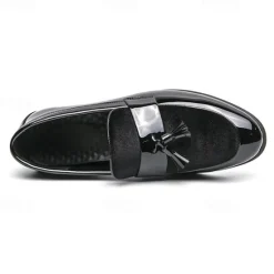 Online OUKU Men's Black Patent Faux Leather Tassel Loafers – Velvet Accent Slip-On Dress Shoes for Wedding and Formal Wear
