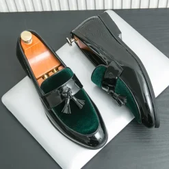 Online OUKU Men's Black Patent Faux Leather Tassel Loafers – Velvet Accent Slip-On Dress Shoes for Wedding and Formal Wear