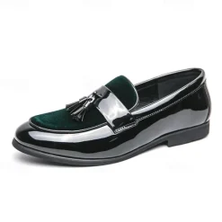 Online OUKU Men's Black Patent Faux Leather Tassel Loafers – Velvet Accent Slip-On Dress Shoes for Wedding and Formal Wear