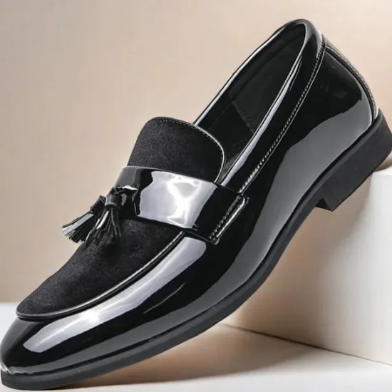 Online OUKU Men's Black Patent Faux Leather Tassel Loafers – Velvet Accent Slip-On Dress Shoes for Wedding and Formal Wear