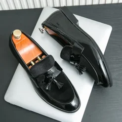 Online OUKU Men's Black Patent Faux Leather Tassel Loafers – Velvet Accent Slip-On Dress Shoes for Wedding and Formal Wear