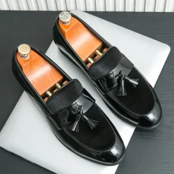 Online OUKU Men's Black Patent Faux Leather Tassel Loafers – Velvet Accent Slip-On Dress Shoes for Wedding and Formal Wear
