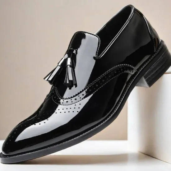 Best OUKU Men's Patent Leather Tassel Loafers – Sleek Formal Dress Shoes with Brogue Detailing Black